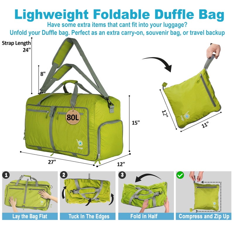 Bago Large Foldable Duffel Bags for Traveling Women & Men - 80L Packable Duffle Bag for Travel with Shoe Compartment - Water Repellant, Heavy Duty, Lightweight Folding & Collapsible (Green) - Image 3